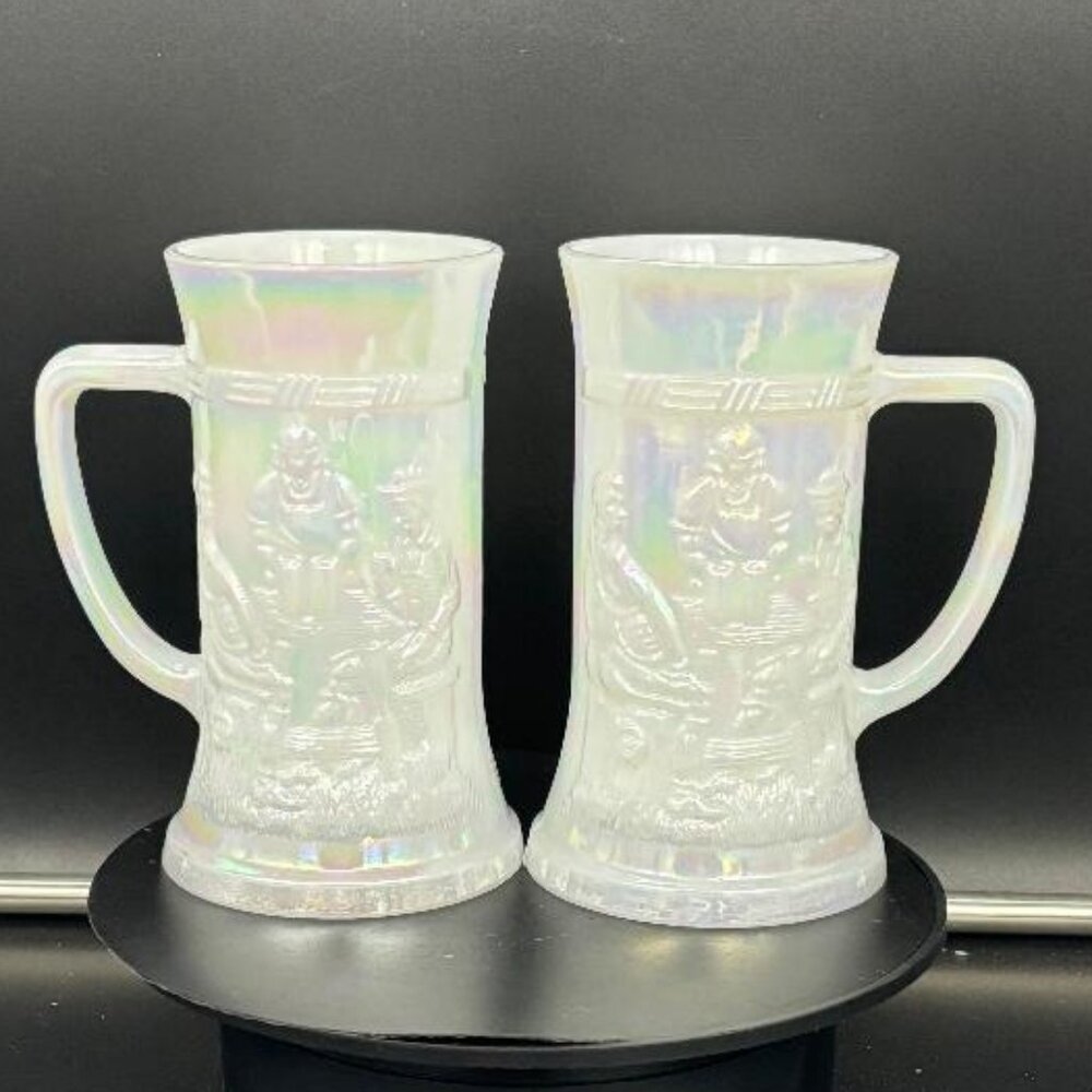 Vintage Federal Milk Glass Tavern Scene Iridescent Pearl Luster Tall Mug Stein